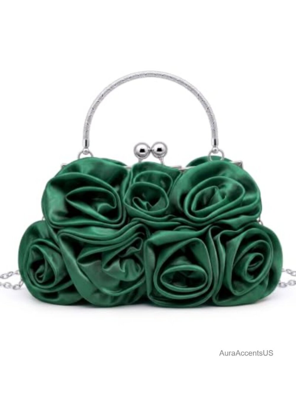 Satin 3D Rose Clutch Purse Floral Evening Bag Double Kiss Lock Detachable Chain